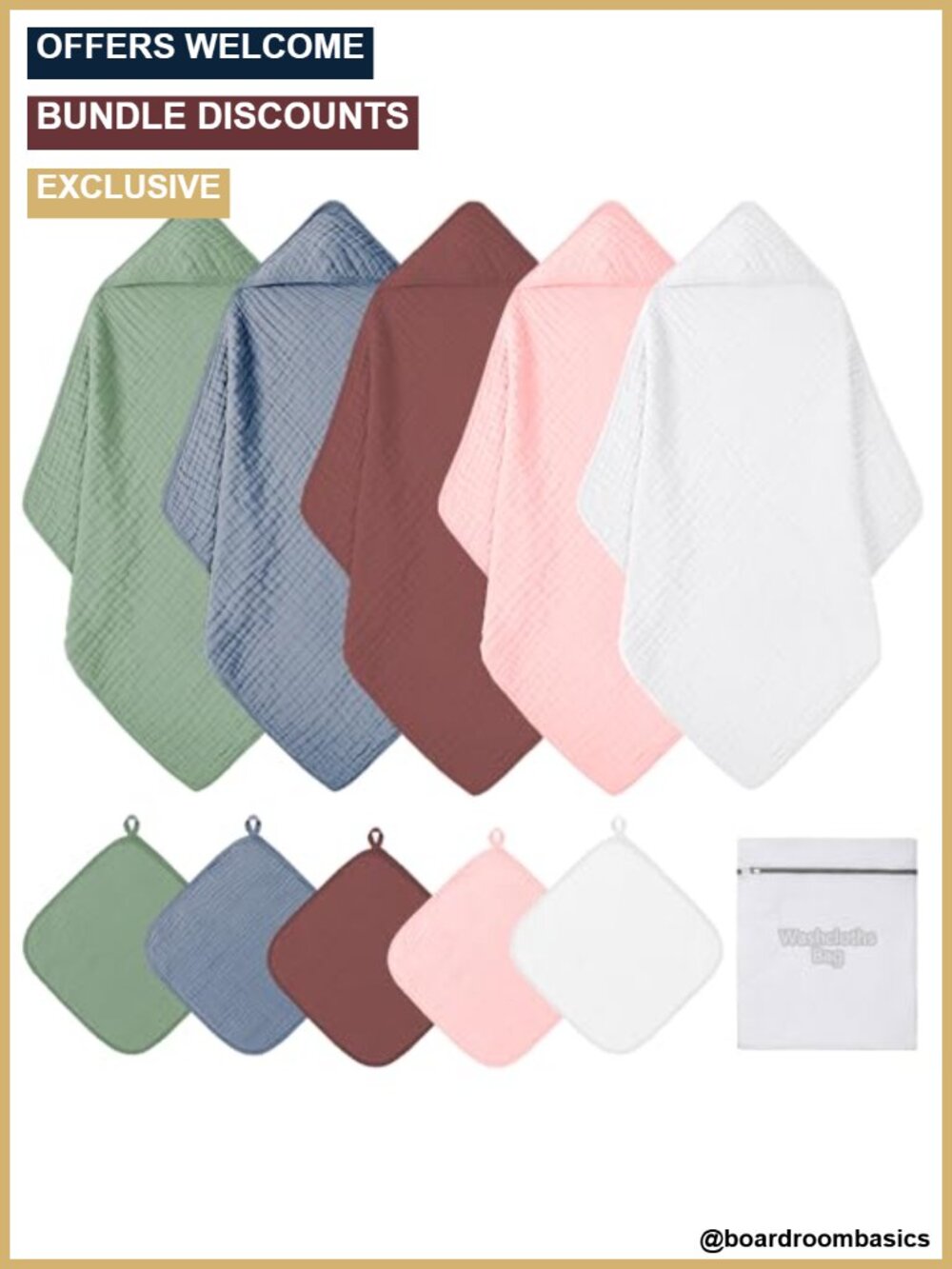 100% Cotton Muslin Hooded Baby Towel & Washcloth Set 10-Piece Soft Absorbent